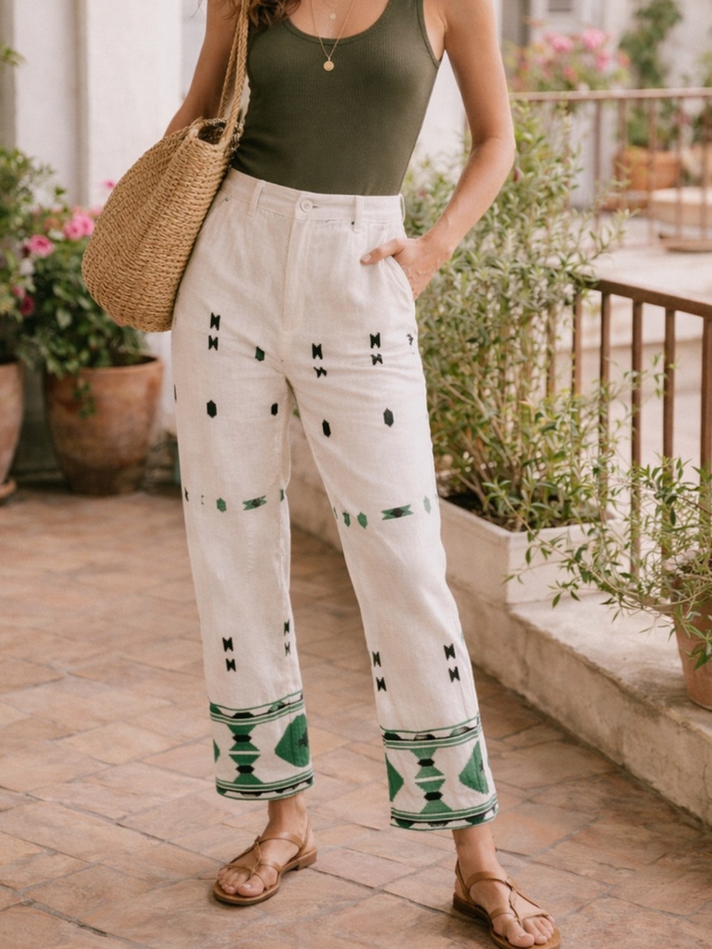 Zara Linen-Blend Embroidered Pants Size XS